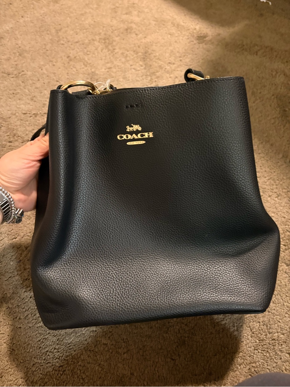 Coach Black Pebbled Leather Drawstring Shoulder Bag with Gold Hardware